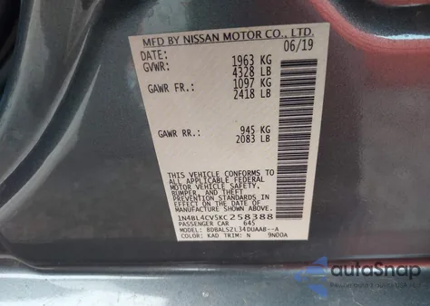 2019 Nissan Altima 2.5 Sr z USA, uszkodzony, nr VIN 1N4BL4CV5KC258388